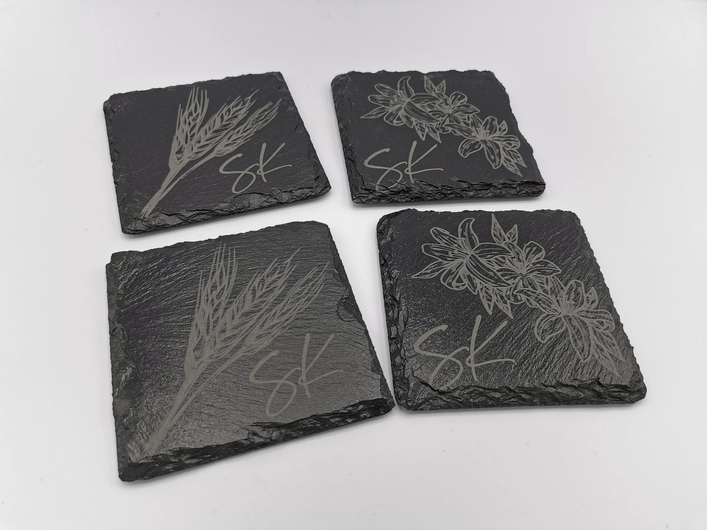 Saskatchewan coaster set - Laser engraved slate with lilies and wheat