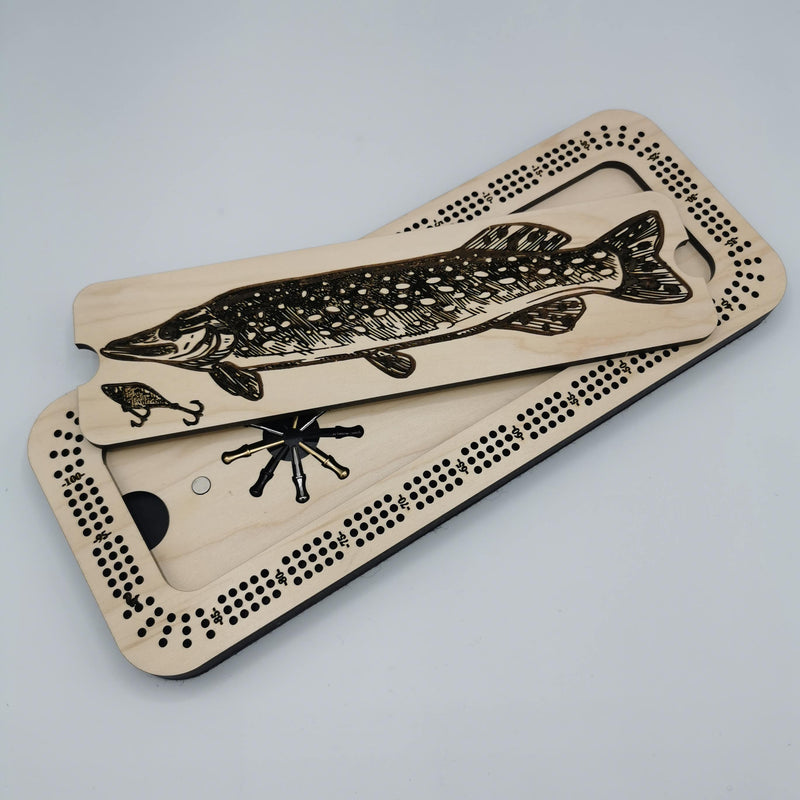 Fishing themed engraving on a three-track cribbage board