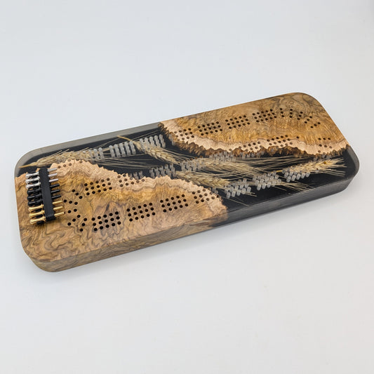 Wooden cribbage board with black pegs on a white surface