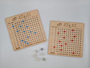 Two 12×12 boards in play with red and blue markers along the tracks and six white dice