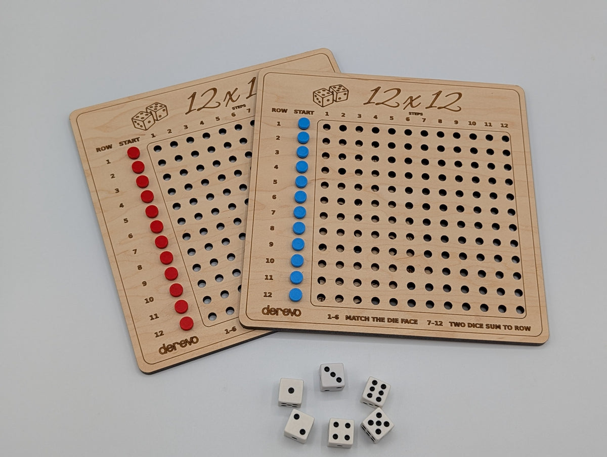 Two engraved 12×12 wooden game boards with red and blue markers and six dice