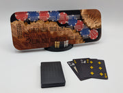 Imprint cribbage board with Australian red mallee burl and red and blue poker chips embedded in epoxy.