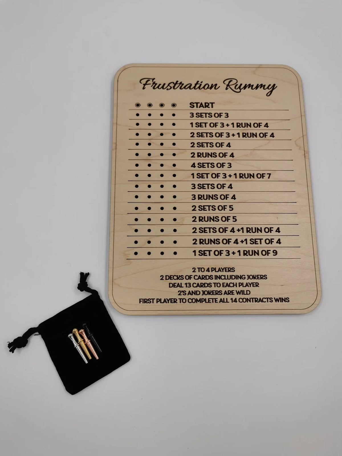 Maple Frustration Rummy board with engraved contract guide