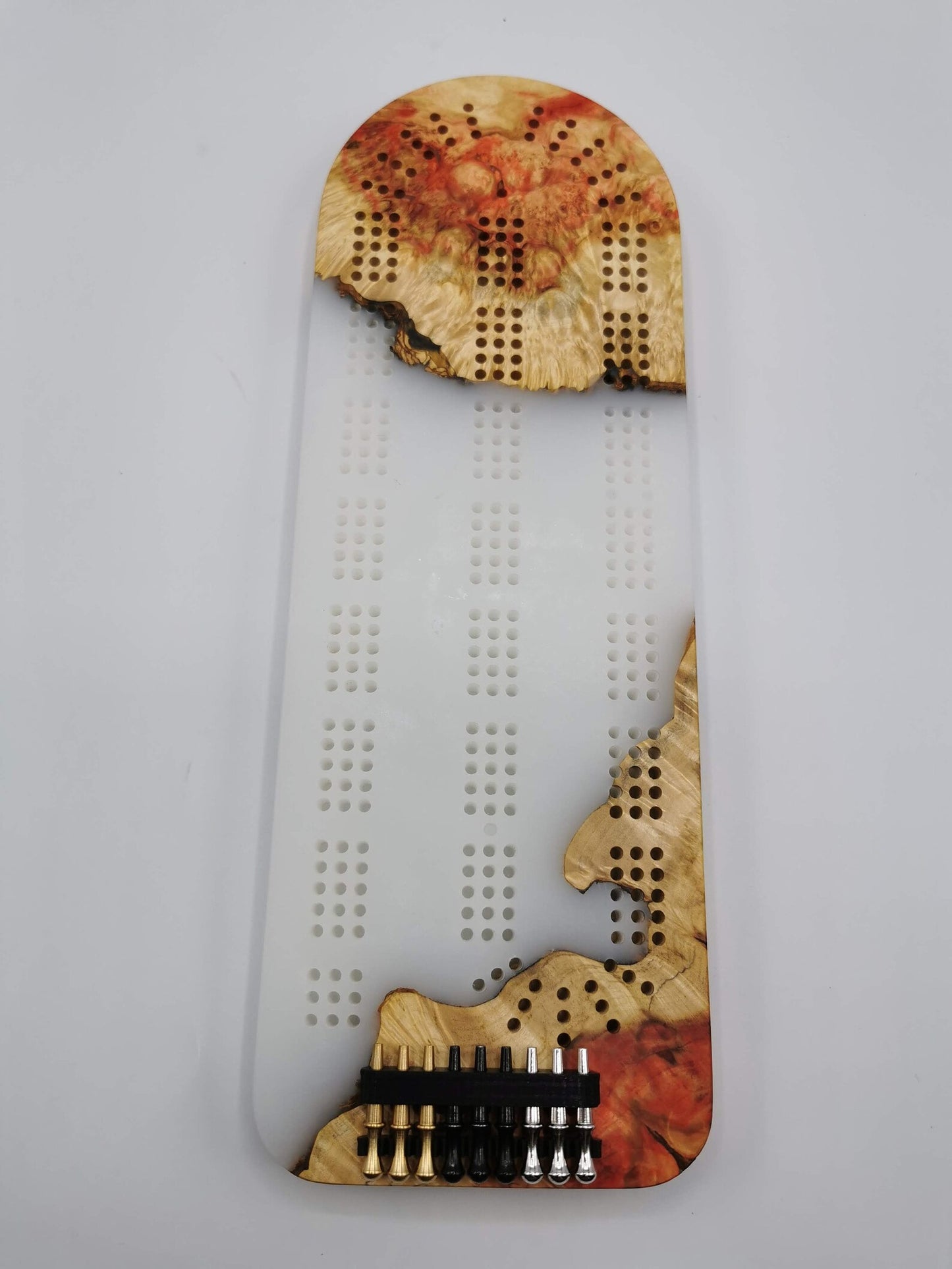 Extraordinary Cribbage Board - 3 Track Live edge maple burl and matte pearl white epoxy resin