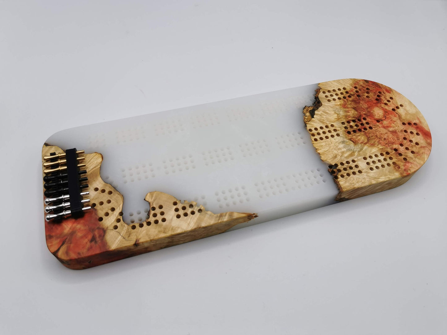 Extraordinary Cribbage Board - 3 Track Live edge maple burl and matte pearl white epoxy resin