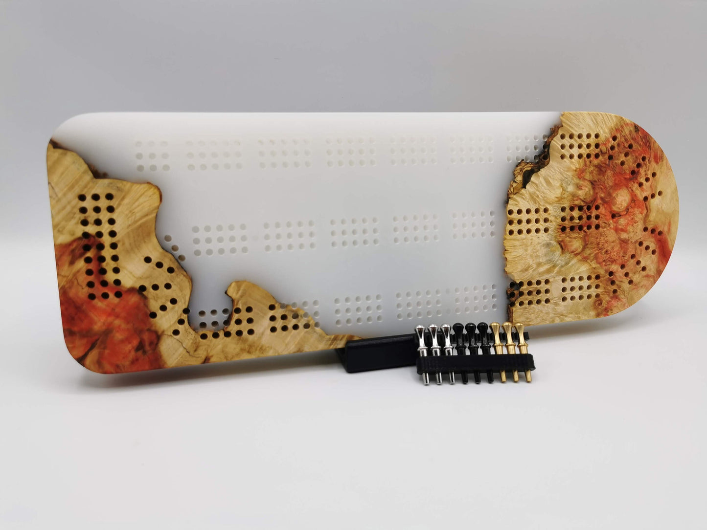 Extraordinary Cribbage Board - 3 Track Live edge maple burl and matte pearl white epoxy resin