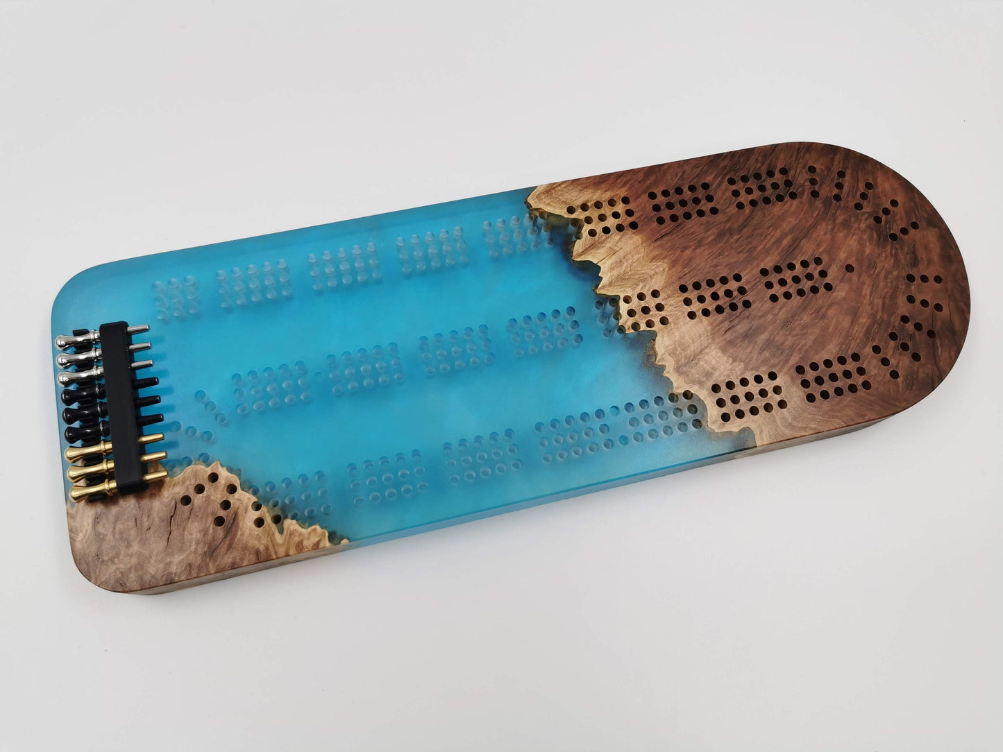 Extraordinary Cribbage Board - 3 Track Live edge red mallee burl and blue swirl epoxy resin