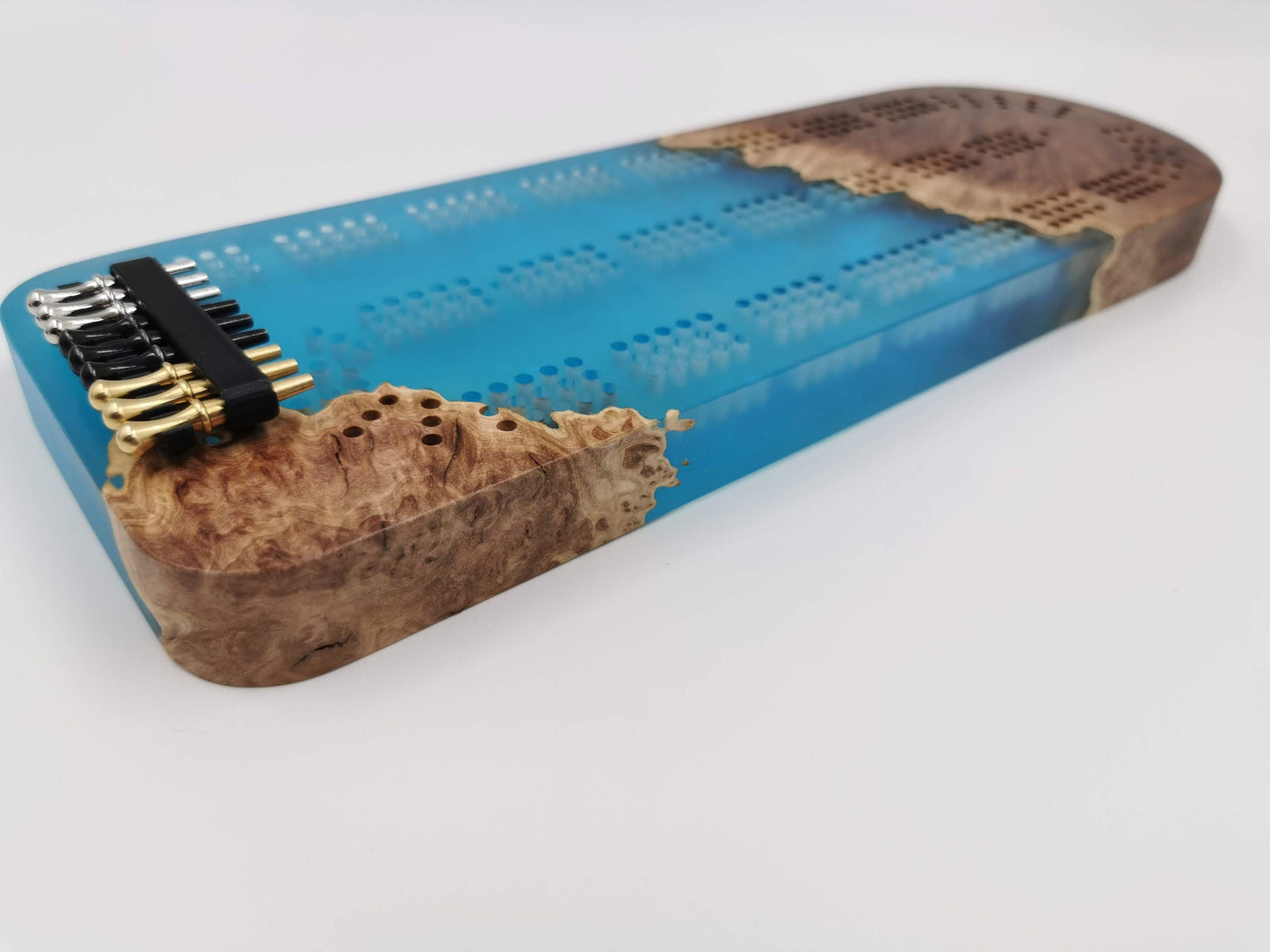Extraordinary Cribbage Board - 3 Track Live edge red mallee burl and blue swirl epoxy resin
