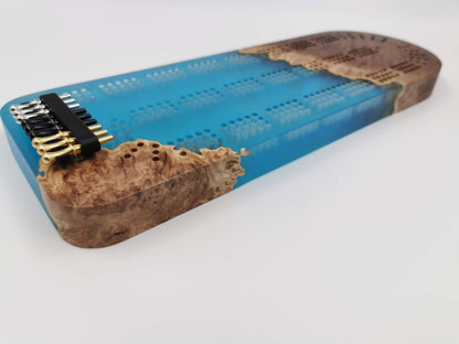 Extraordinary Cribbage Board - 3 Track Live edge red mallee burl and blue swirl epoxy resin