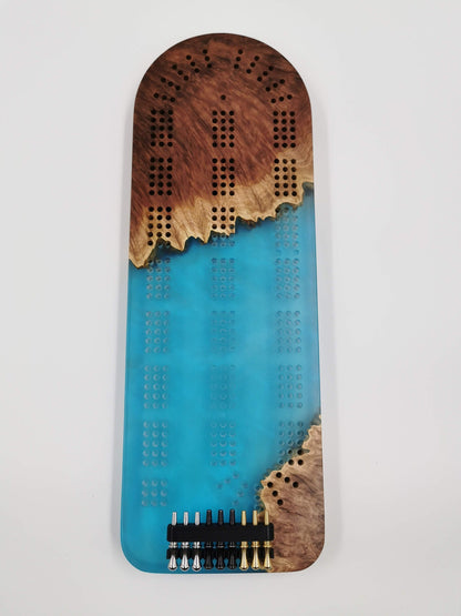 Extraordinary Cribbage Board - 3 Track Live edge red mallee burl and blue swirl epoxy resin