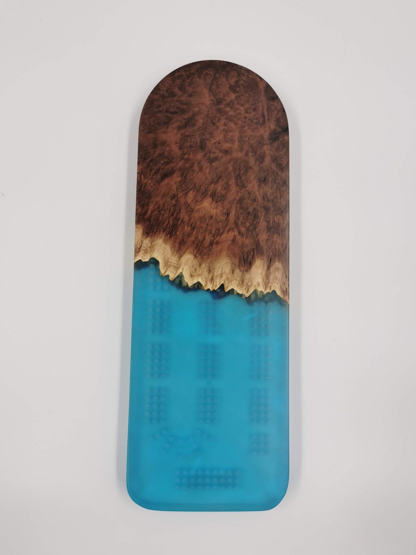 Extraordinary Cribbage Board - 3 Track Live edge red mallee burl and blue swirl epoxy resin