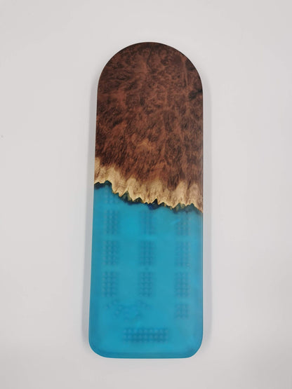 Extraordinary Cribbage Board - 3 Track Live edge red mallee burl and blue swirl epoxy resin