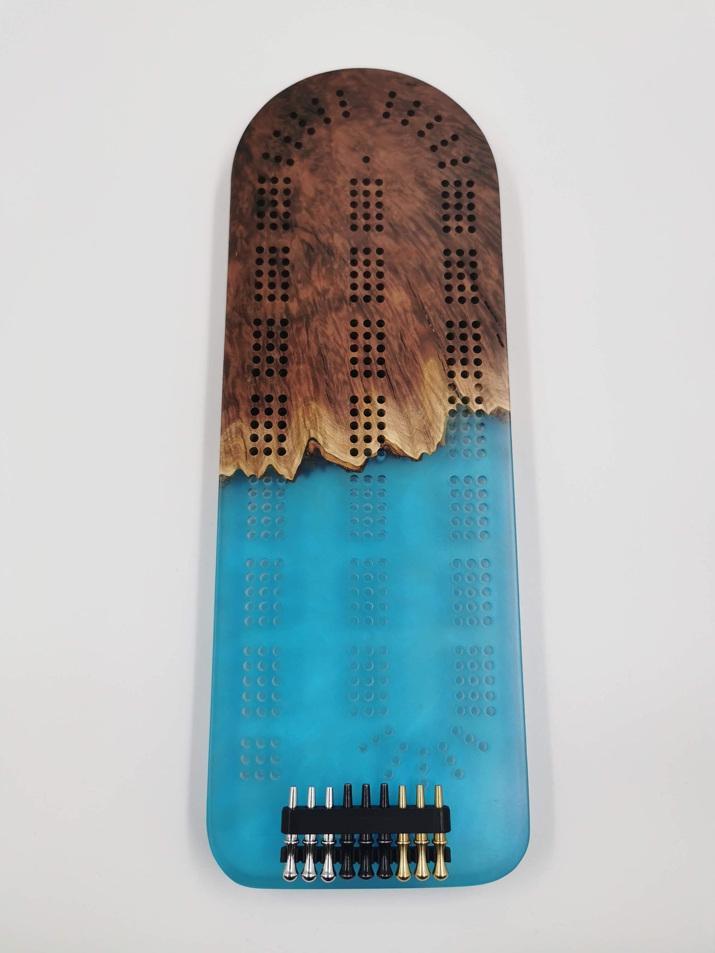 Extraordinary Cribbage Board - 3 Track Live edge red mallee burl and blue swirl epoxy resin