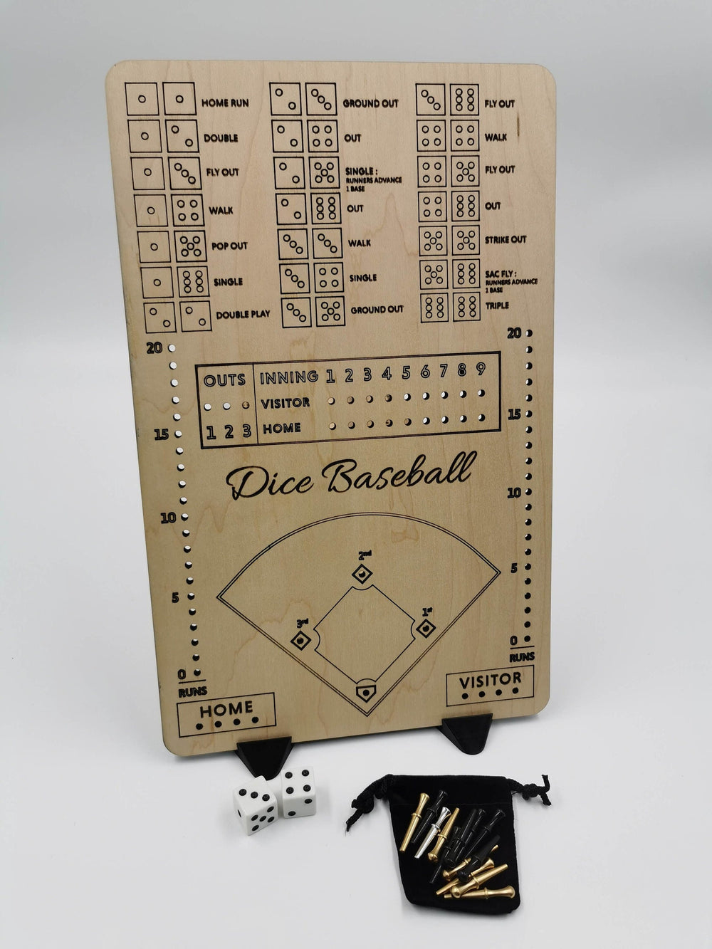 Dice Baseball wooden game board with engraved baseball diamond and score tracks
