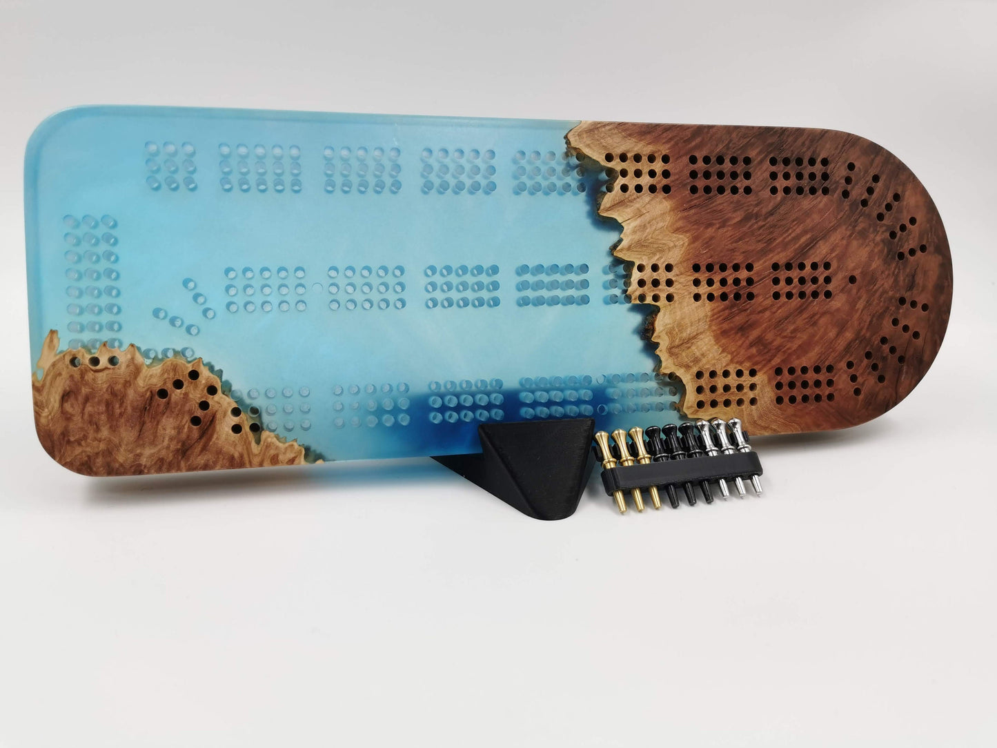 Extraordinary Cribbage Board - 3 Track Live edge red mallee burl and blue swirl epoxy resin