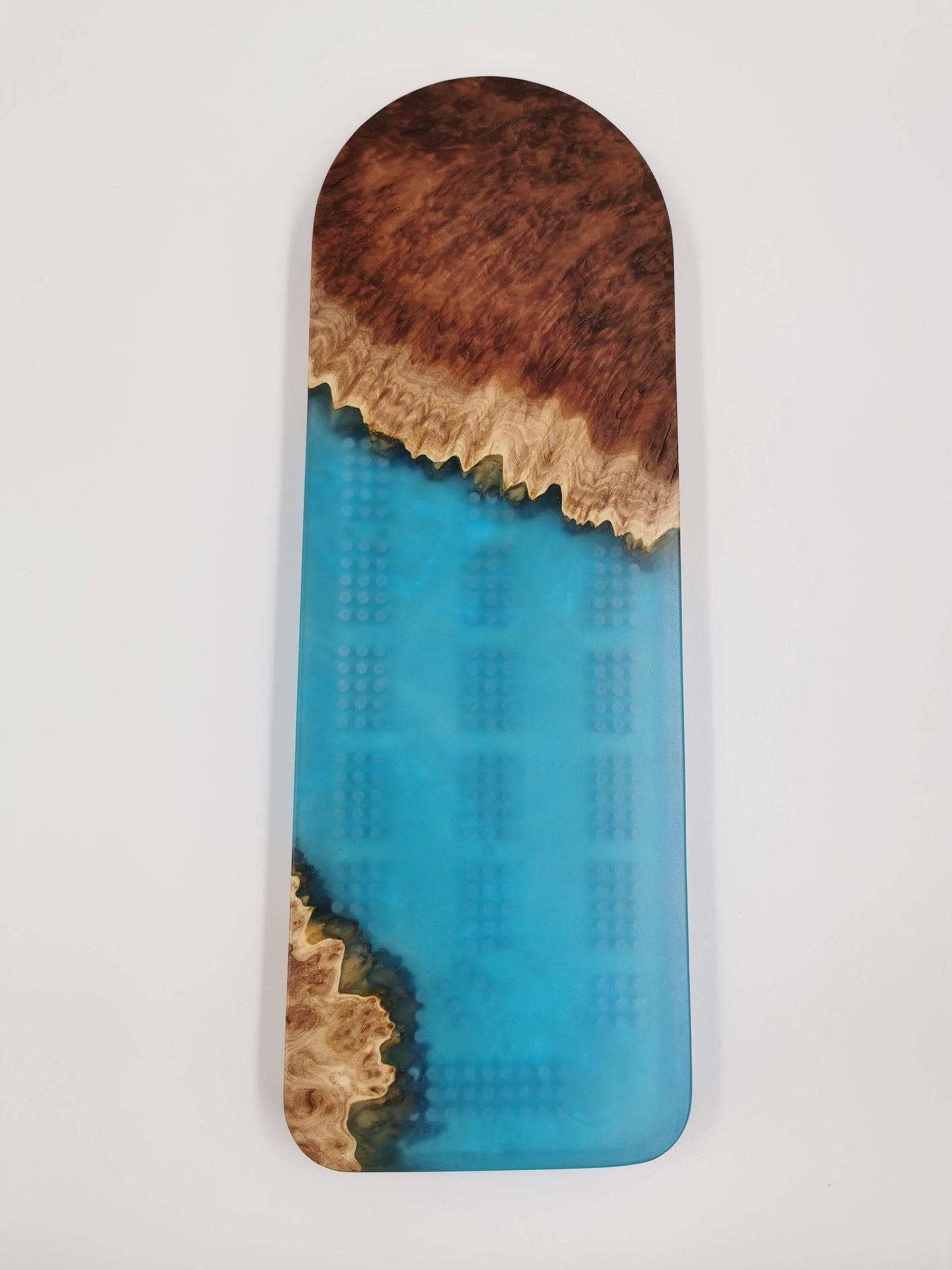 Extraordinary Cribbage Board - 3 Track Live edge red mallee burl and blue swirl epoxy resin
