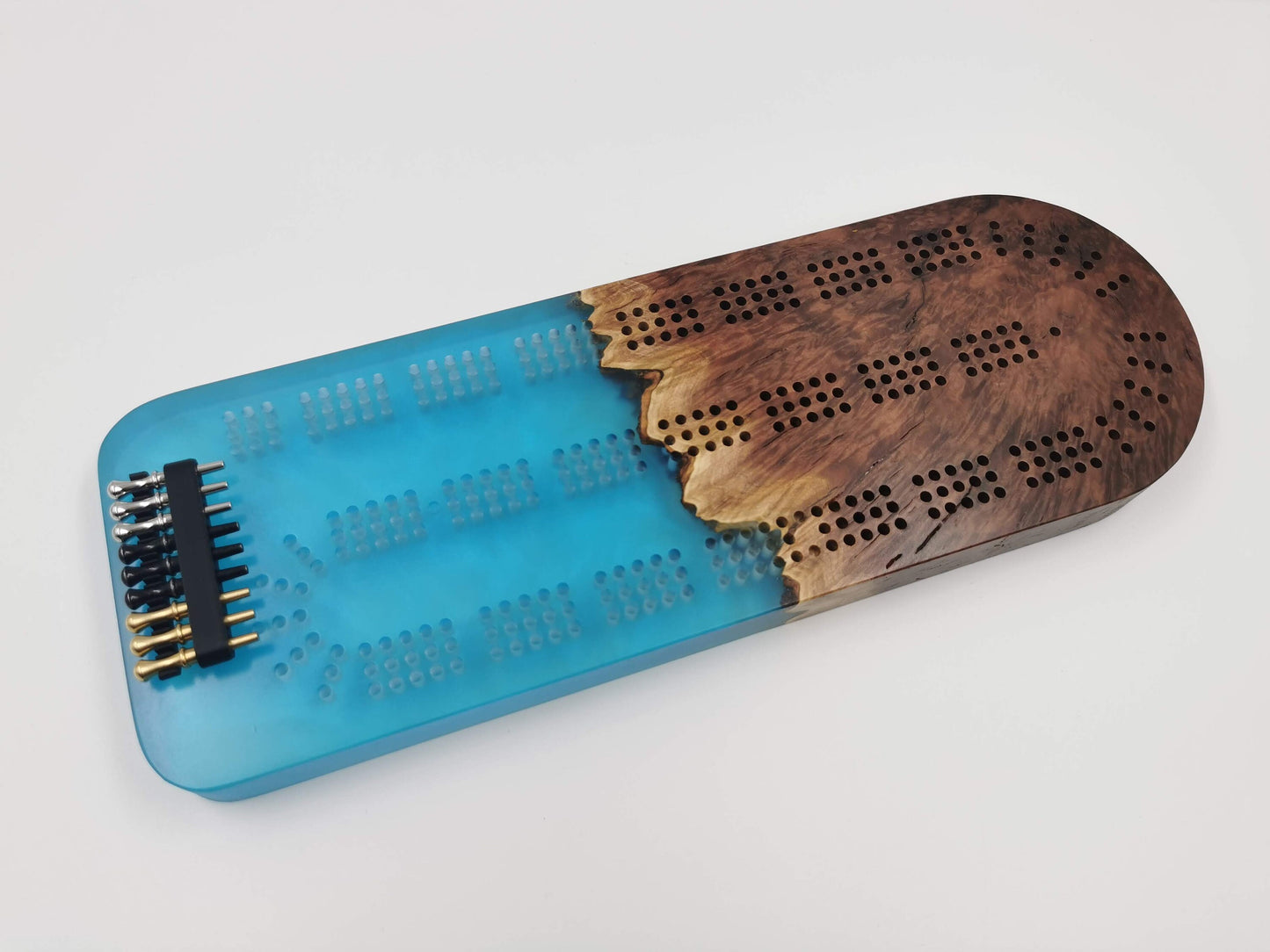 Extraordinary Cribbage Board - 3 Track Live edge red mallee burl and blue swirl epoxy resin