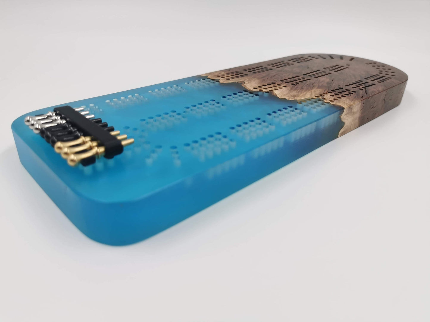 Extraordinary Cribbage Board - 3 Track Live edge red mallee burl and blue swirl epoxy resin