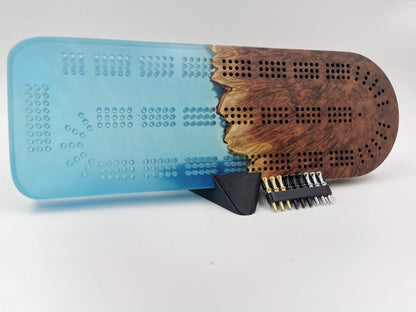 Extraordinary Cribbage Board - 3 Track Live edge red mallee burl and blue swirl epoxy resin