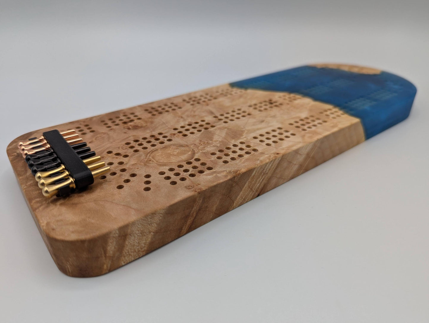 Extraordinary Cribbage Board - 3 Track Live edge maple burl and blue diamond epoxy resin