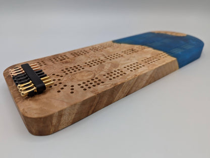 Extraordinary Cribbage Board - 3 Track Live edge maple burl and blue diamond epoxy resin