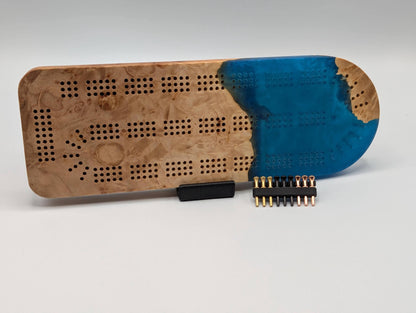 Extraordinary Cribbage Board - 3 Track Live edge maple burl and blue diamond epoxy resin