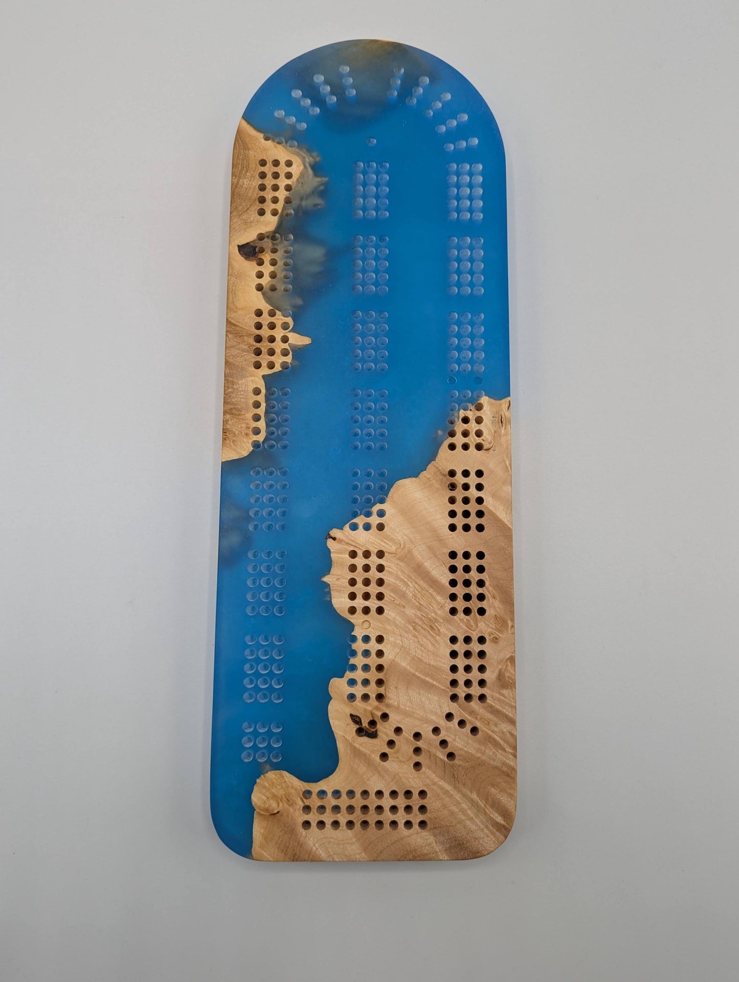 Extraordinary Cribbage Board - 3 Track Live edge maple burl and blue diamond epoxy resin