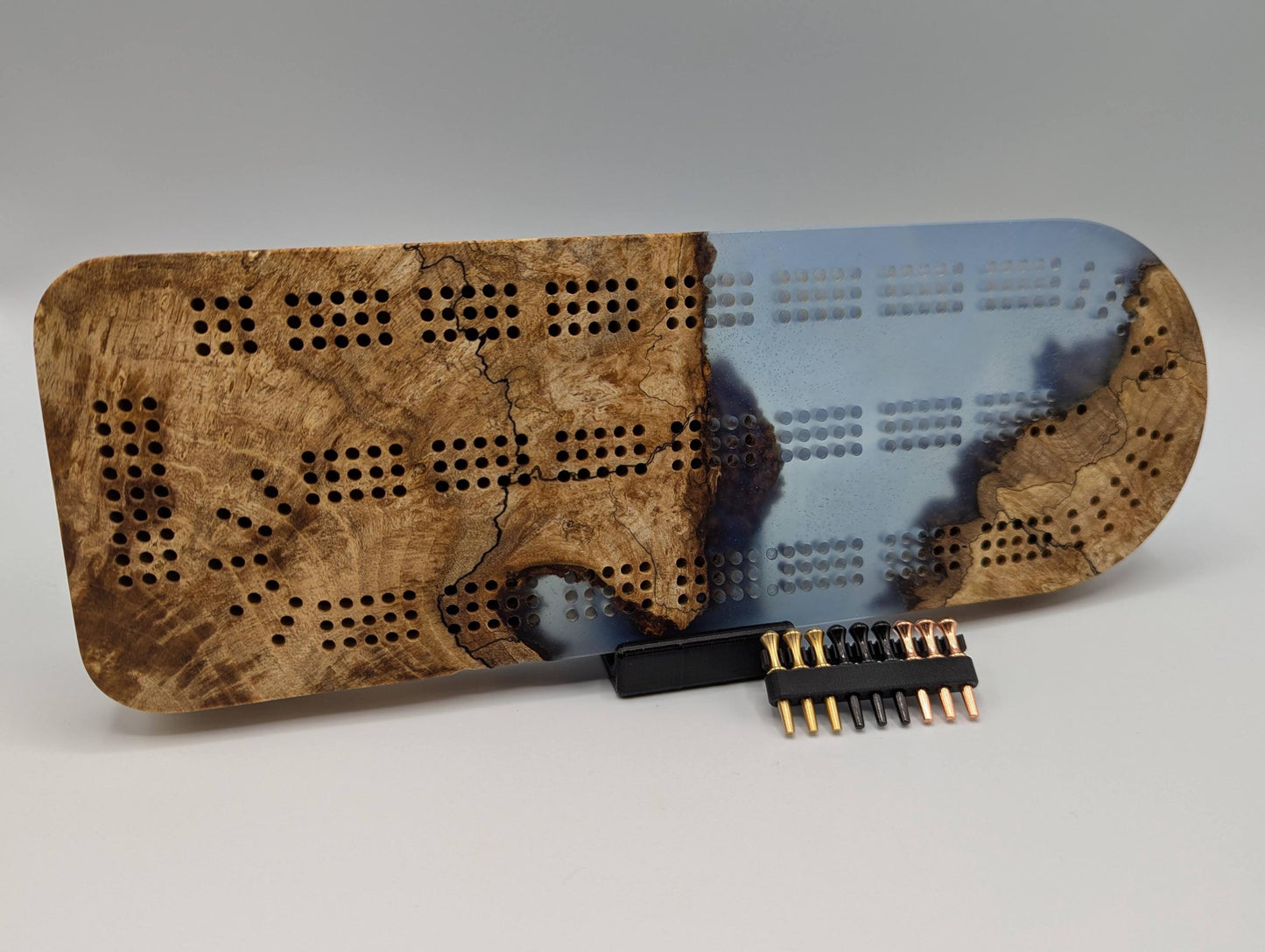 Extraordinary Cribbage Board - 3 Track Live edge maple burl and blue diamond epoxy resin