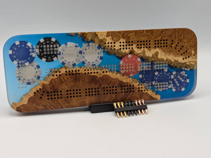 Poker Themed Cribbage Board - 3 Track Live edge brown mallee burl and poker chips over blue epoxy