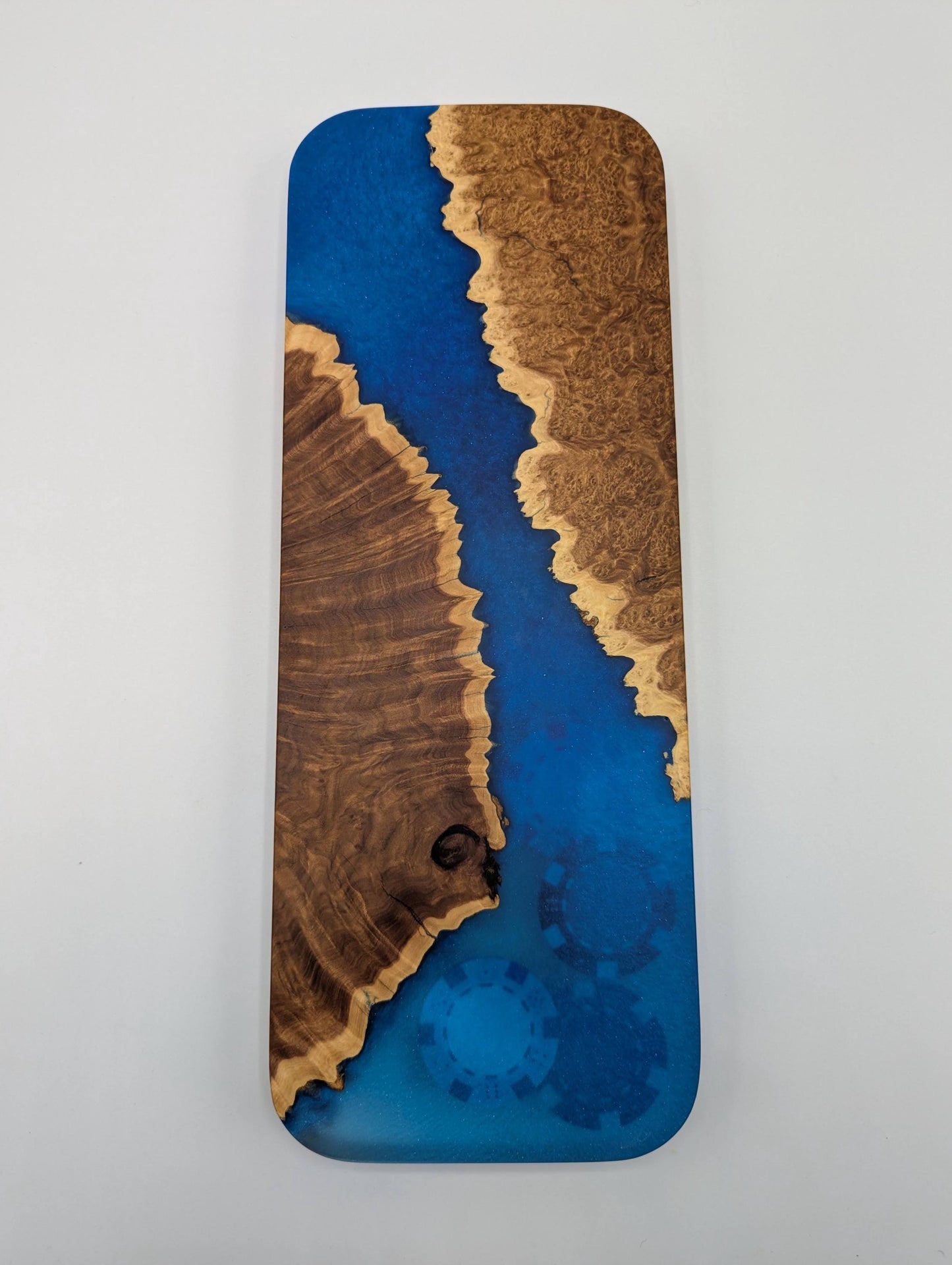 Poker Themed Cribbage Board - 3 Track Live edge brown mallee burl and poker chips over blue epoxy