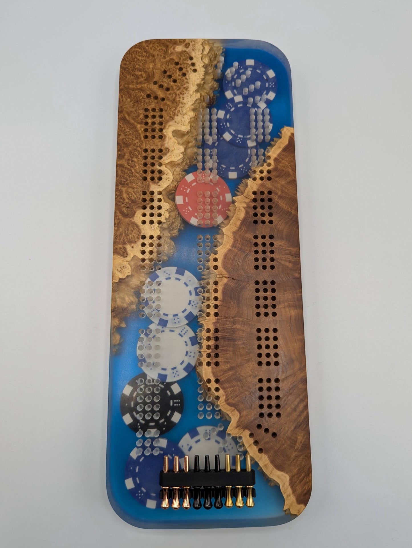 Poker Themed Cribbage Board - 3 Track Live edge brown mallee burl and poker chips over blue epoxy