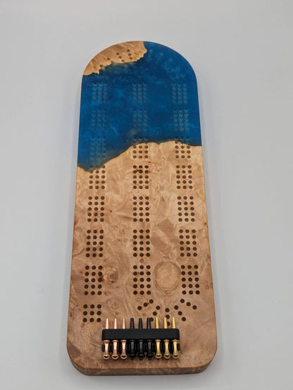 Extraordinary Cribbage Board - 3 Track Live edge maple burl and blue diamond epoxy resin