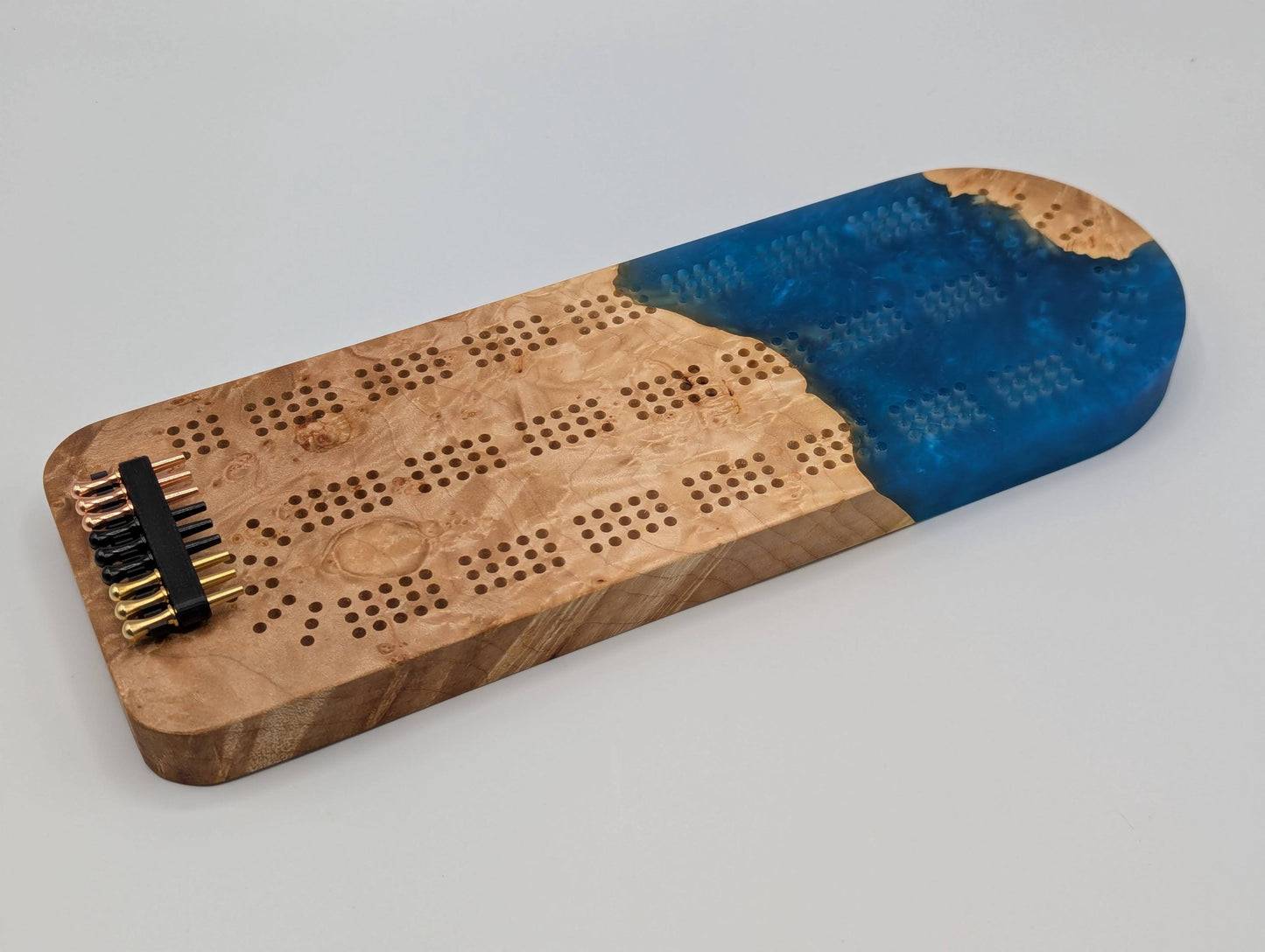 Extraordinary Cribbage Board - 3 Track Live edge maple burl and blue diamond epoxy resin