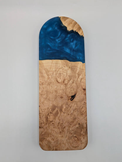 Extraordinary Cribbage Board - 3 Track Live edge maple burl and blue diamond epoxy resin