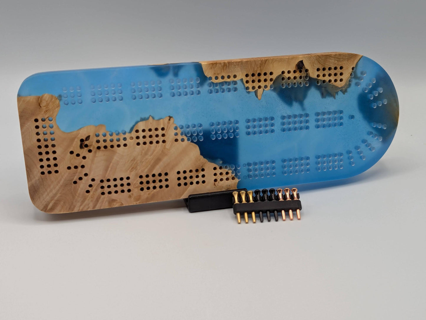 Extraordinary Cribbage Board - 3 Track Live edge maple burl and blue diamond epoxy resin