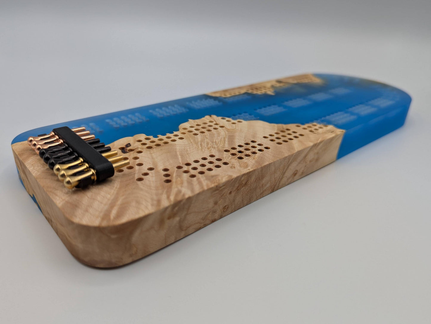 Extraordinary Cribbage Board - 3 Track Live edge maple burl and blue diamond epoxy resin