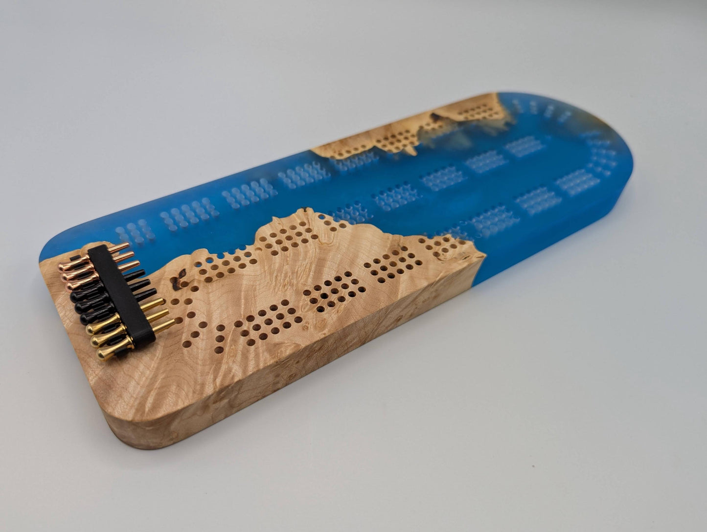 Extraordinary Cribbage Board - 3 Track Live edge maple burl and blue diamond epoxy resin