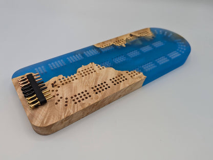 Extraordinary Cribbage Board - 3 Track Live edge maple burl and blue diamond epoxy resin