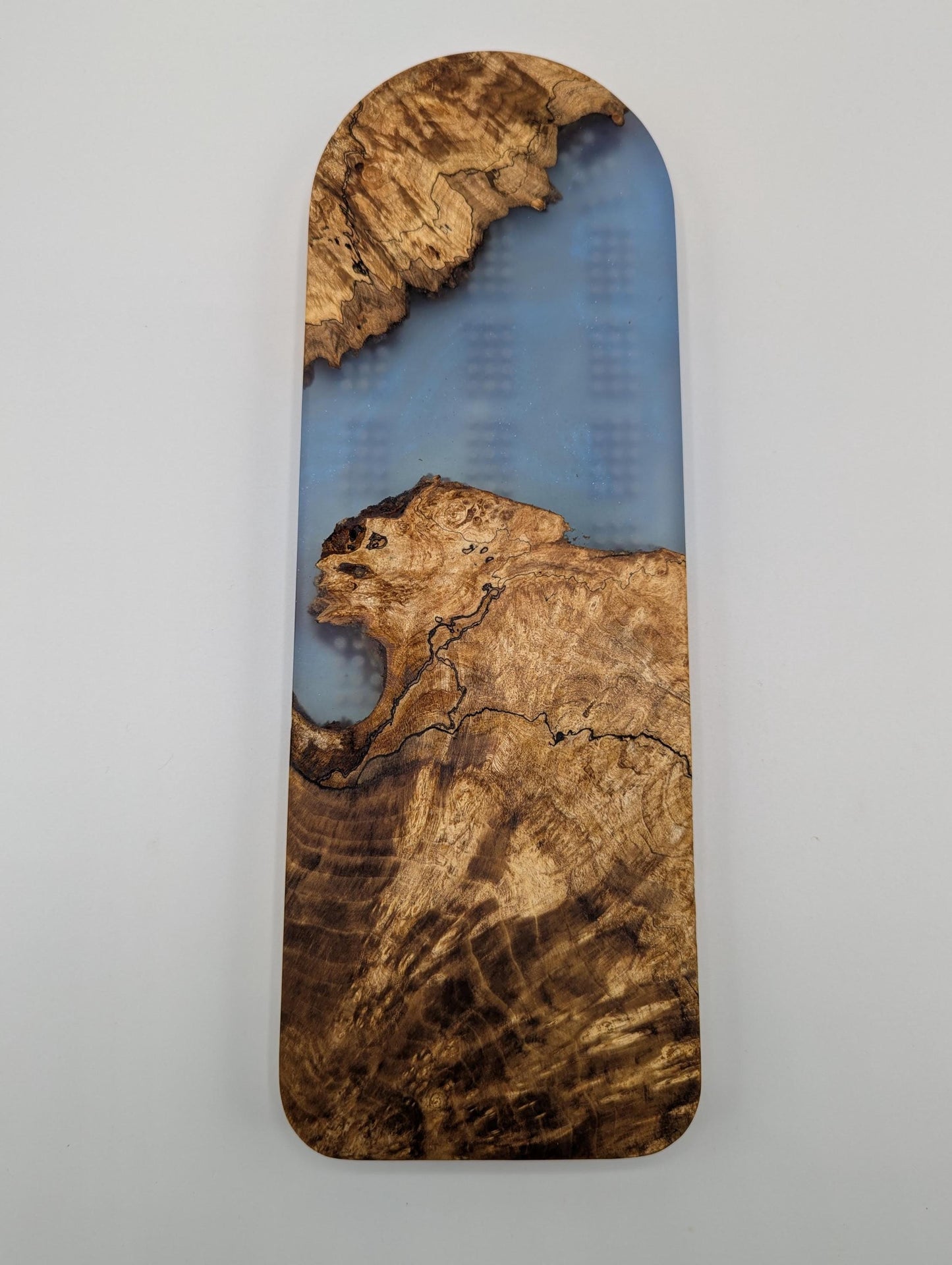 Extraordinary Cribbage Board - 3 Track Live edge maple burl and blue diamond epoxy resin