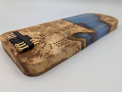 Extraordinary Cribbage Board - 3 Track Live edge maple burl and blue diamond epoxy resin
