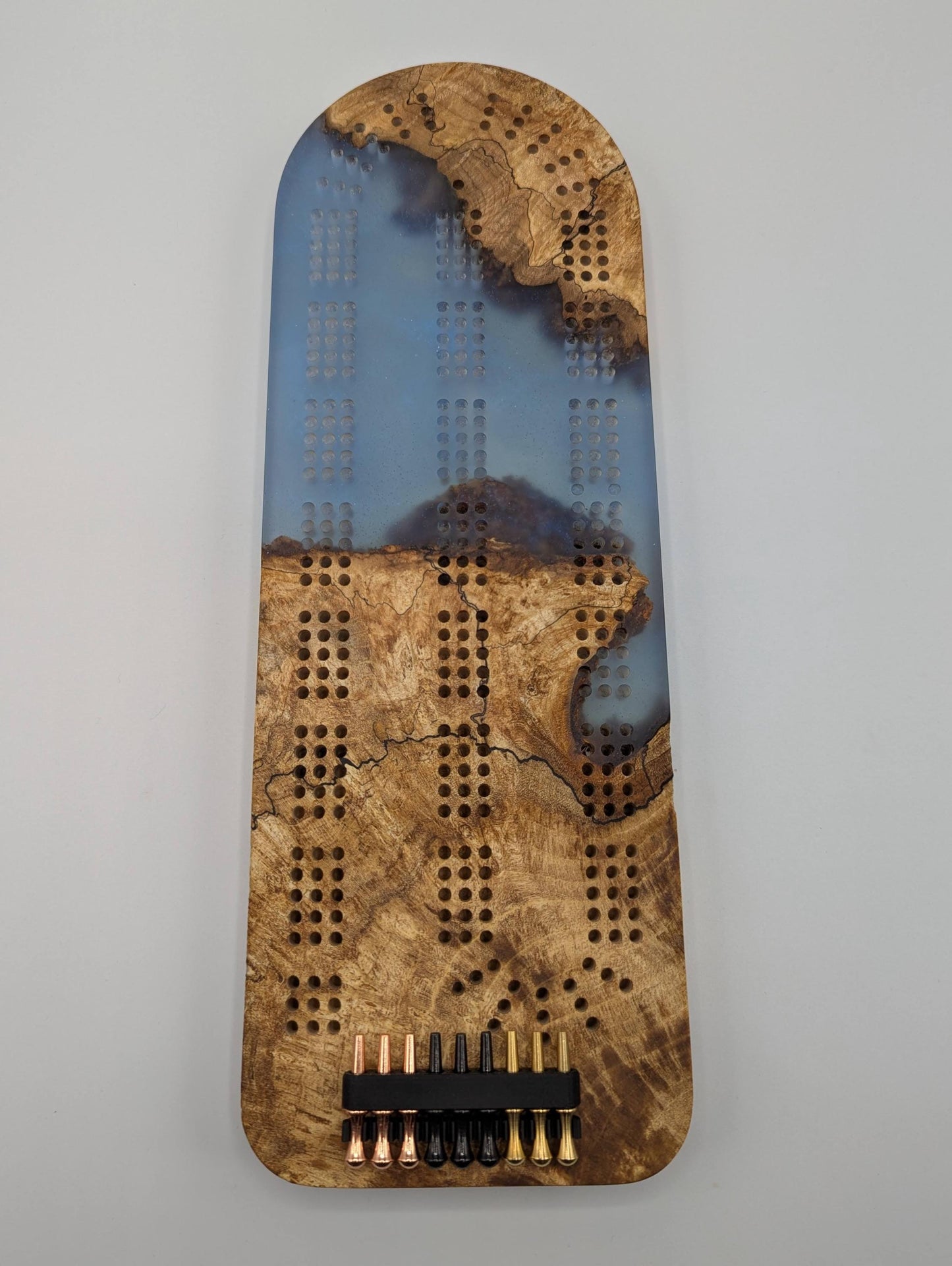 Extraordinary Cribbage Board - 3 Track Live edge maple burl and blue diamond epoxy resin