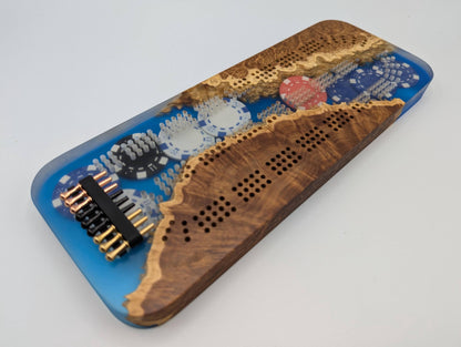 Poker Themed Cribbage Board - 3 Track Live edge brown mallee burl and poker chips over blue epoxy