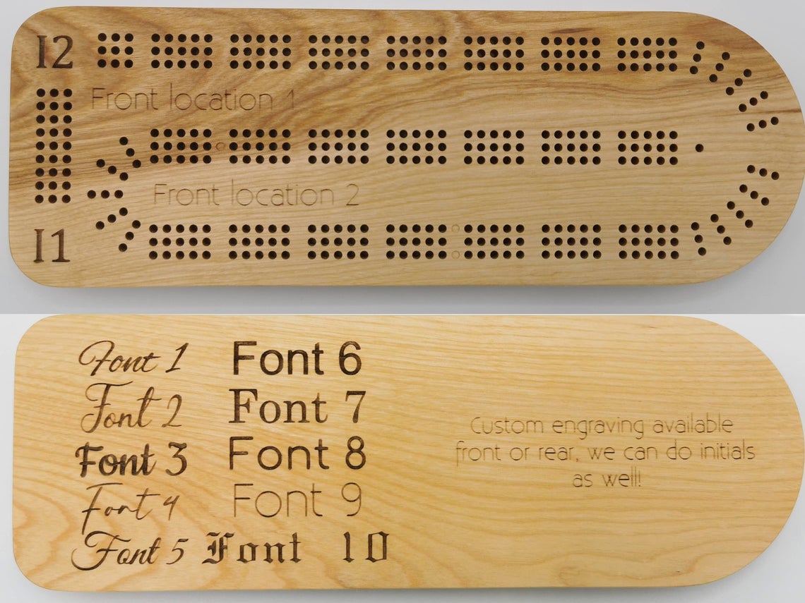 A cribbage board showing engraving locations and examples of fonts 1 through 10.